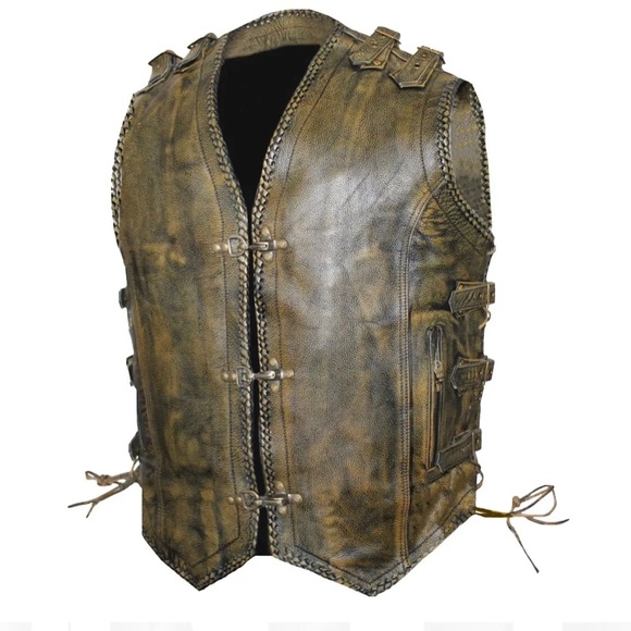 MEN’S MOTORCYCLE CLASSIC SIDE LACES BUCKLED BROWN CONCEALED CARRY LEATHER VEST - Picture 3 of 8